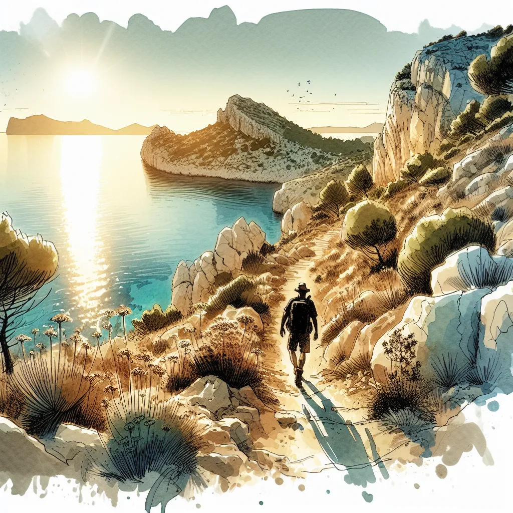 Randonneur solitaire sur le sentier du Cap de Formentor au lever du soleil, falaises et mer turquoise en arrière-plan