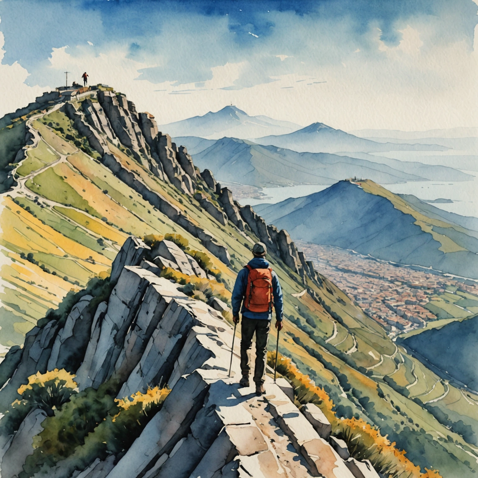 Randonneur contemplant la mer Égée depuis le sommet boisé du Monte Fossa delle Felci à Salina, îles Éoliennes.