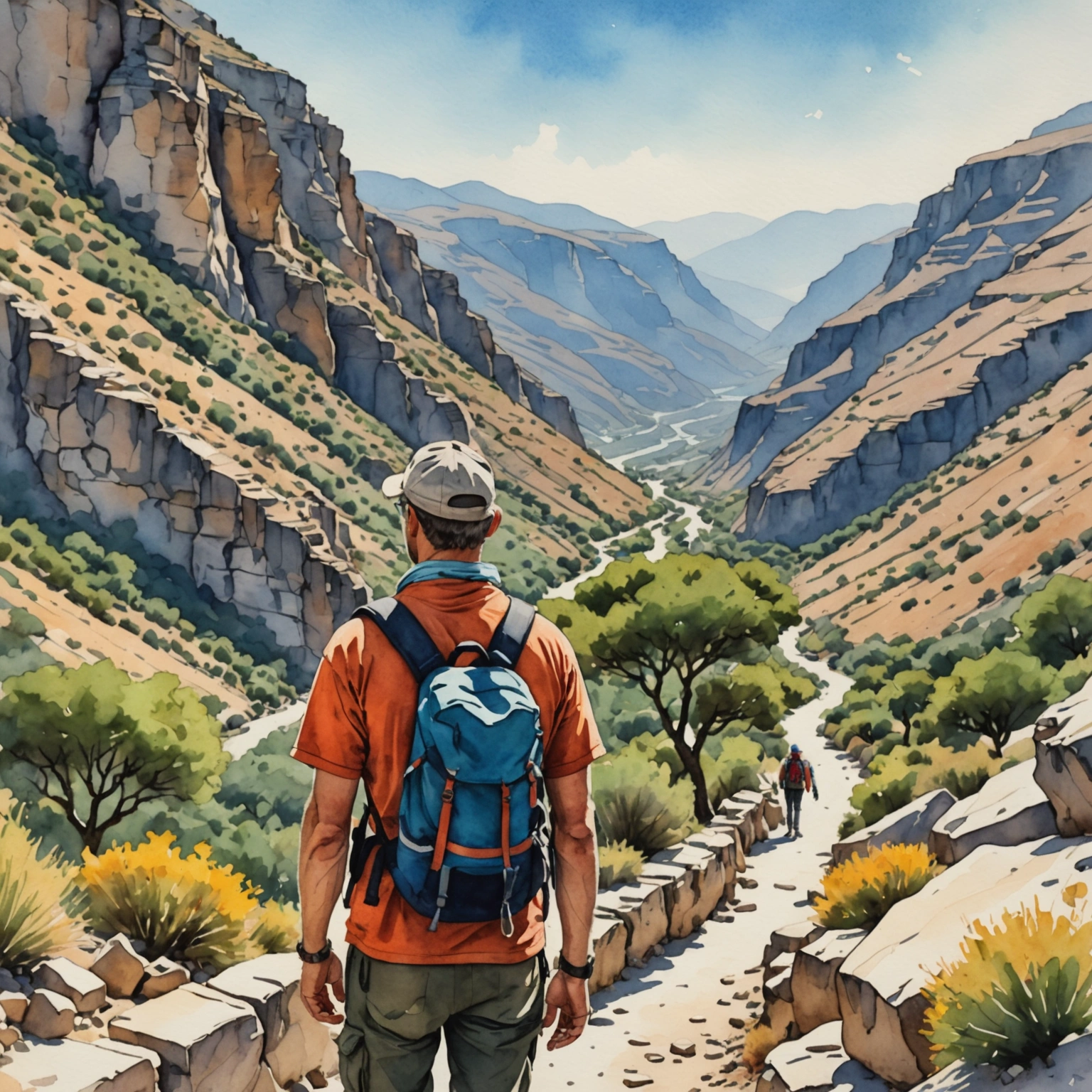 Randonneur assis sur un rocher dans les Gorges de Zakros, entouré de parois rocheuses et de végétation méditerranéenne, avec une bouteille d’eau à la main.