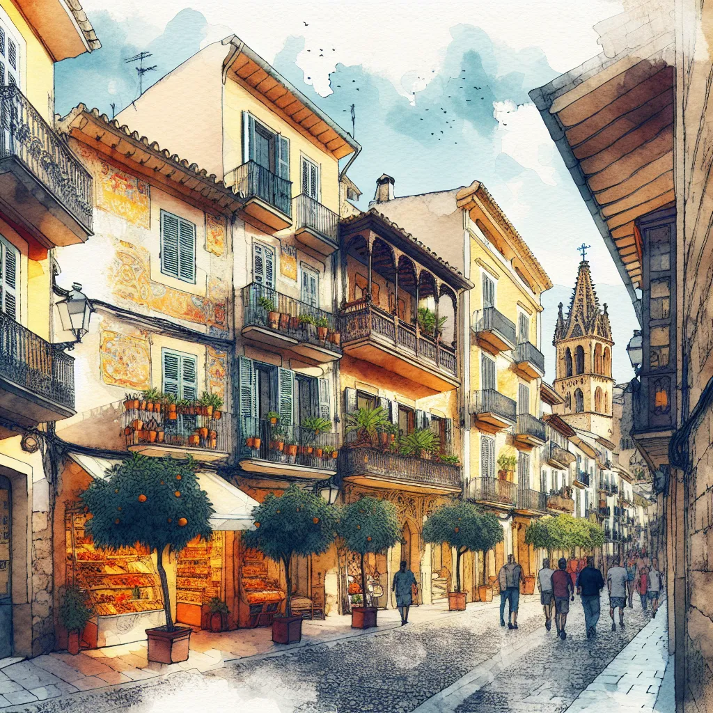 Rue étroite de Sóller bordée de maisons modernistes aux balcons en fer forgé et façades en céramique colorée