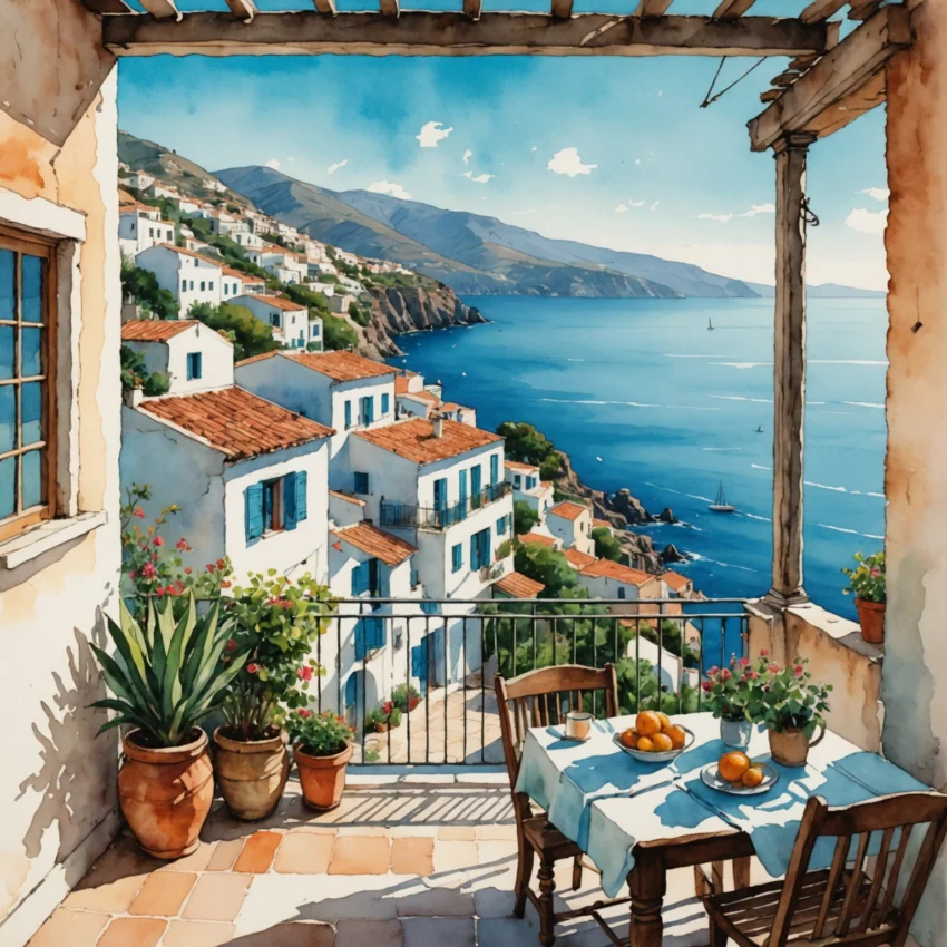 Assiette colorée de spécialités éoliennes : câpres, granita, sardines farcies et lentilles noires, sur une table en pierre face à la mer