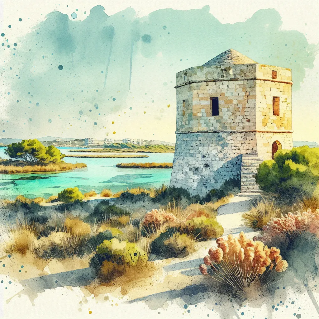 Tour historique en pierre dominant les lagunes turquoise et les roseaux de s’Albufera, Minorque