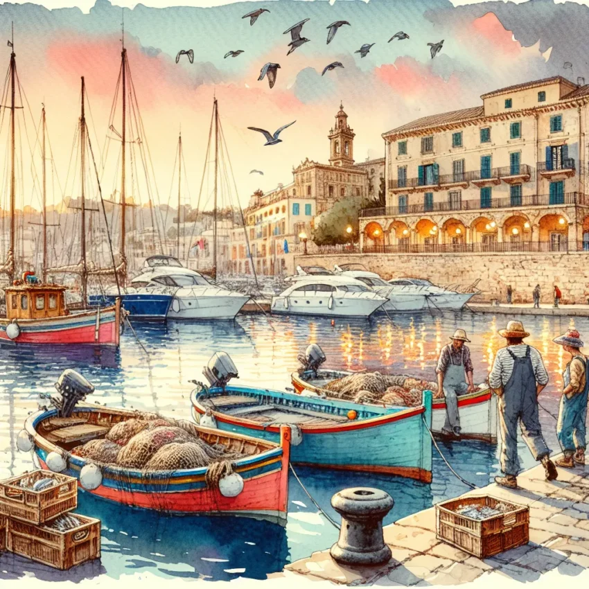 Port de Ciutadella au coucher de soleil, bateaux traditionnels et palais baroques illuminés par une lumière dorée