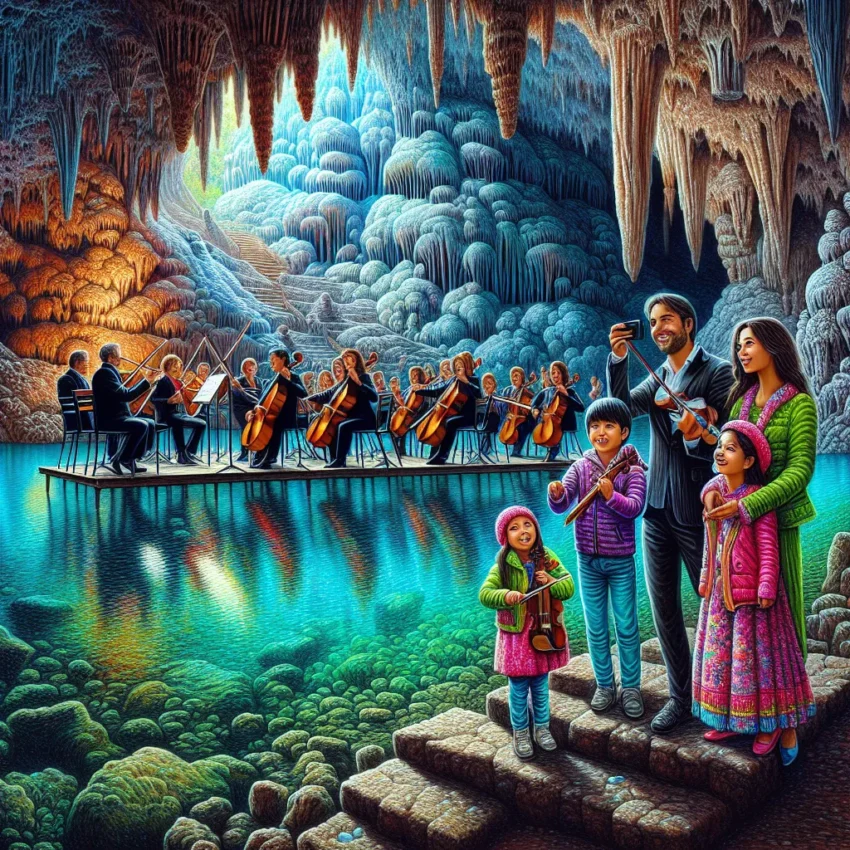 Famille émerveillée devant le lac Martel dans les grottes du Drach, Majorque, éclairé par des projecteurs bleutés lors d'un concert classique.