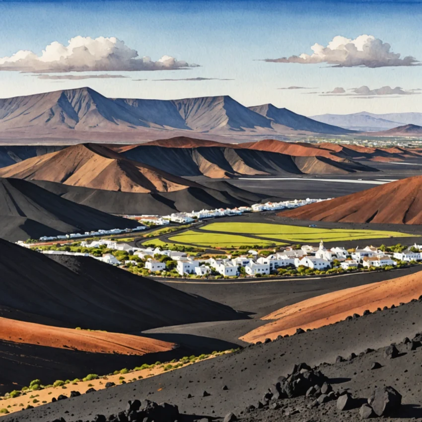 Paysage de Lanzarote avec volcans noirs, vignobles en cratère et mer turquoise sous un ciel bleu intense