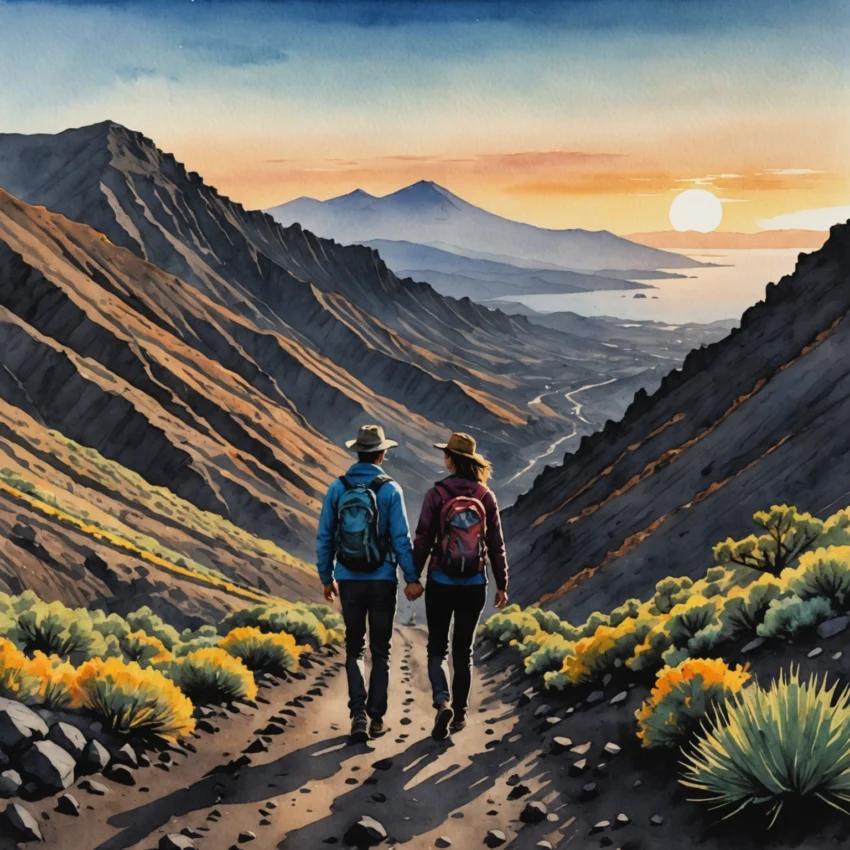 Couple marchant main dans la main sur un sentier volcanique à La Palma, avec la Voie lactée visible dans le ciel nocturne.