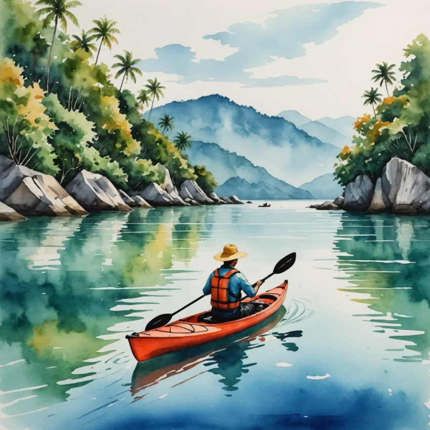 Kayakiste solo pagayant vers une crique secrète de Patong, entre eaux turquoise et falaises calcaires