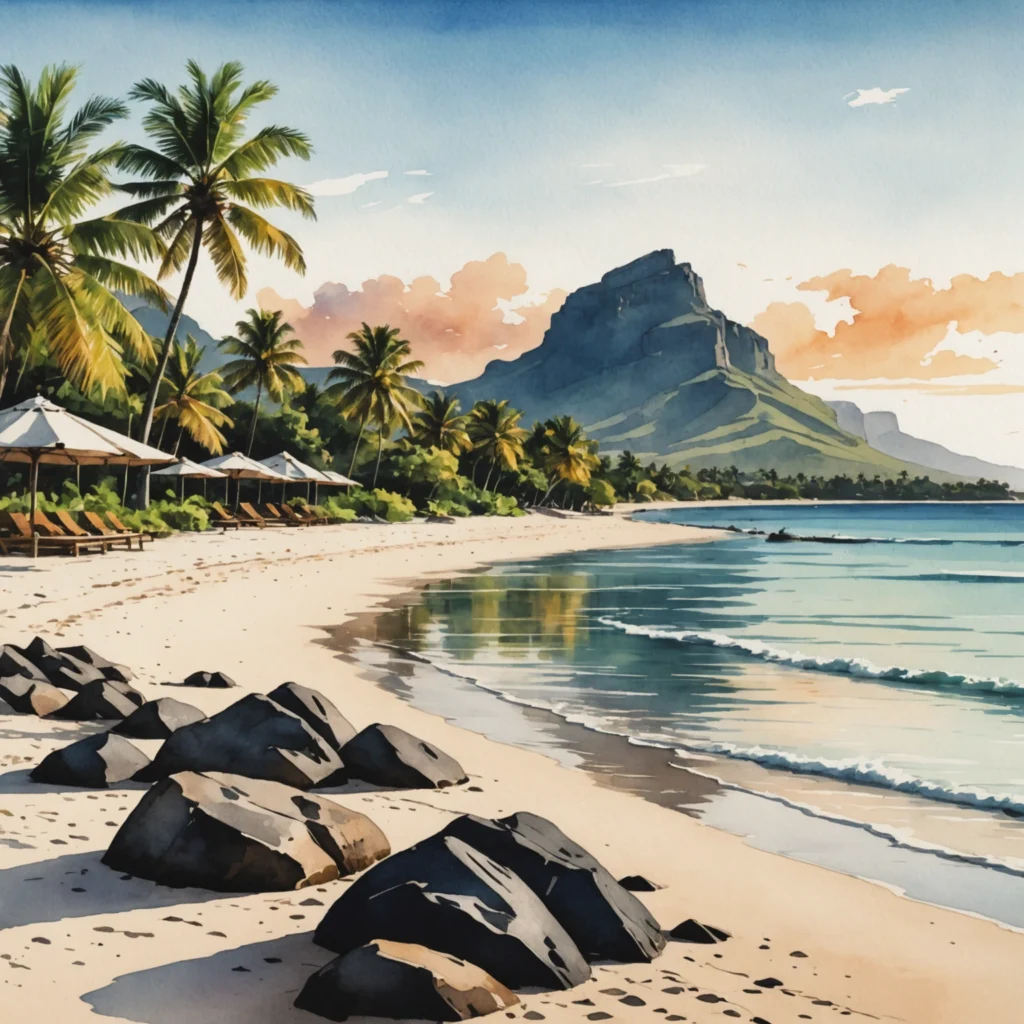 Coucher de soleil sur une plage de Maurice avec des pirogues bleues et des palmiers penchés