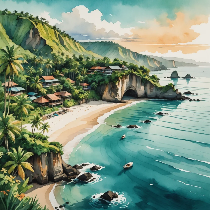 Vue aérienne d'une crique isolée de Bali avec falaises vertes, sable doré et eau turquoise, sans touristes en vue