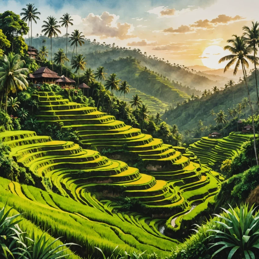 Couple marchant main dans la main dans les rizières de Tegalalang à Ubud au crépuscule, Bali