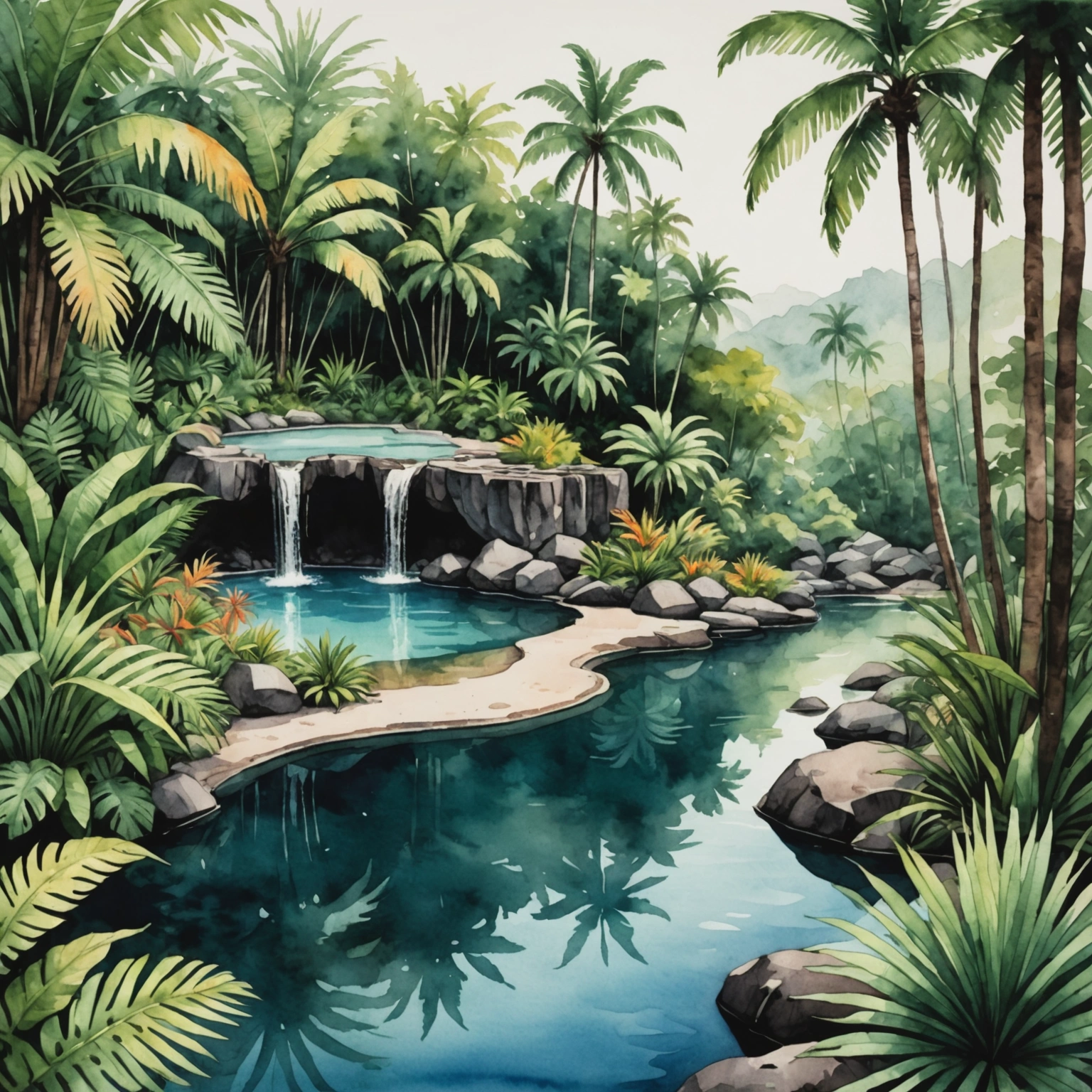 Bassin naturel en pierre volcanique entouré de forêt tropicale à Maurice, cascades en arrière-plan