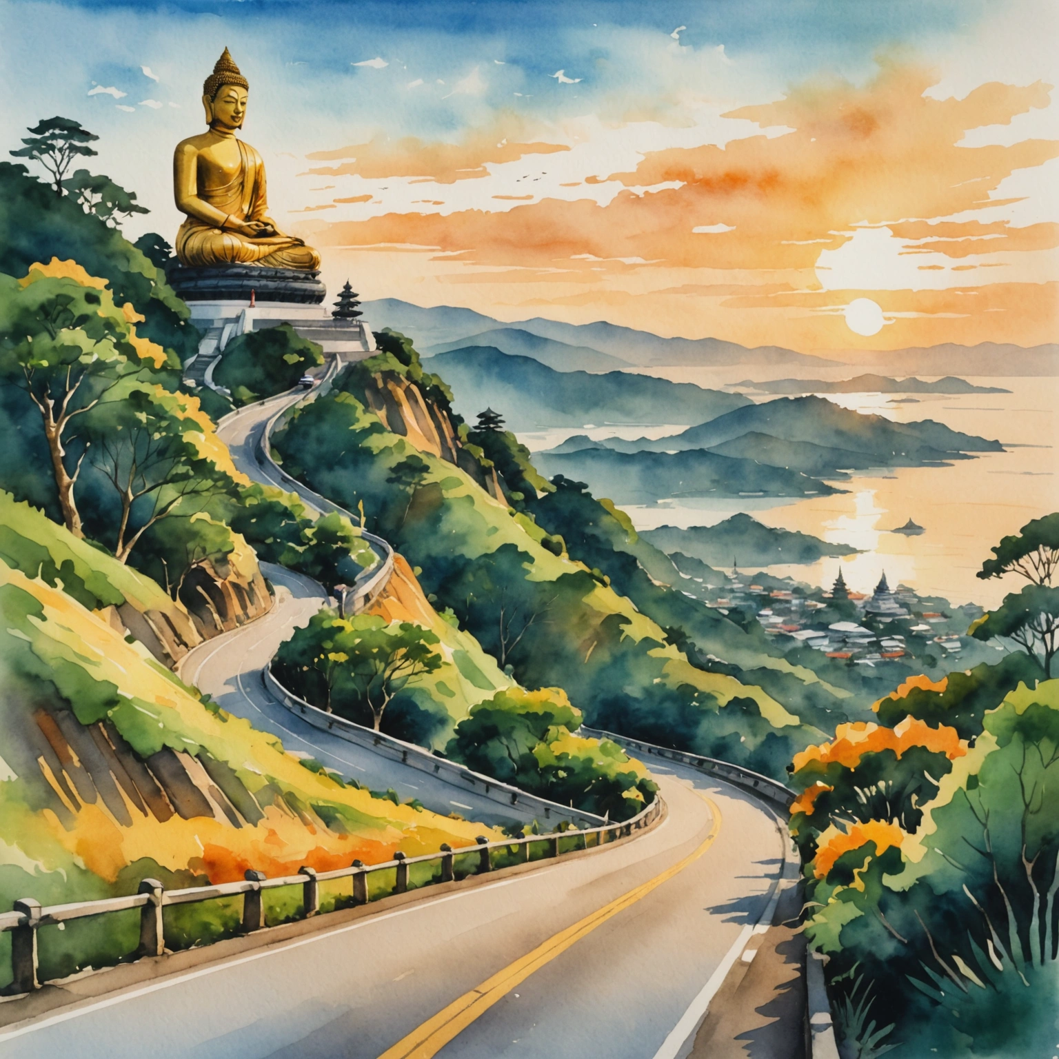 Route sinueuse vers le Big Buddha à Phuket au coucher de soleil, avec un tuk-tuk rose garé sur le bas-côté.