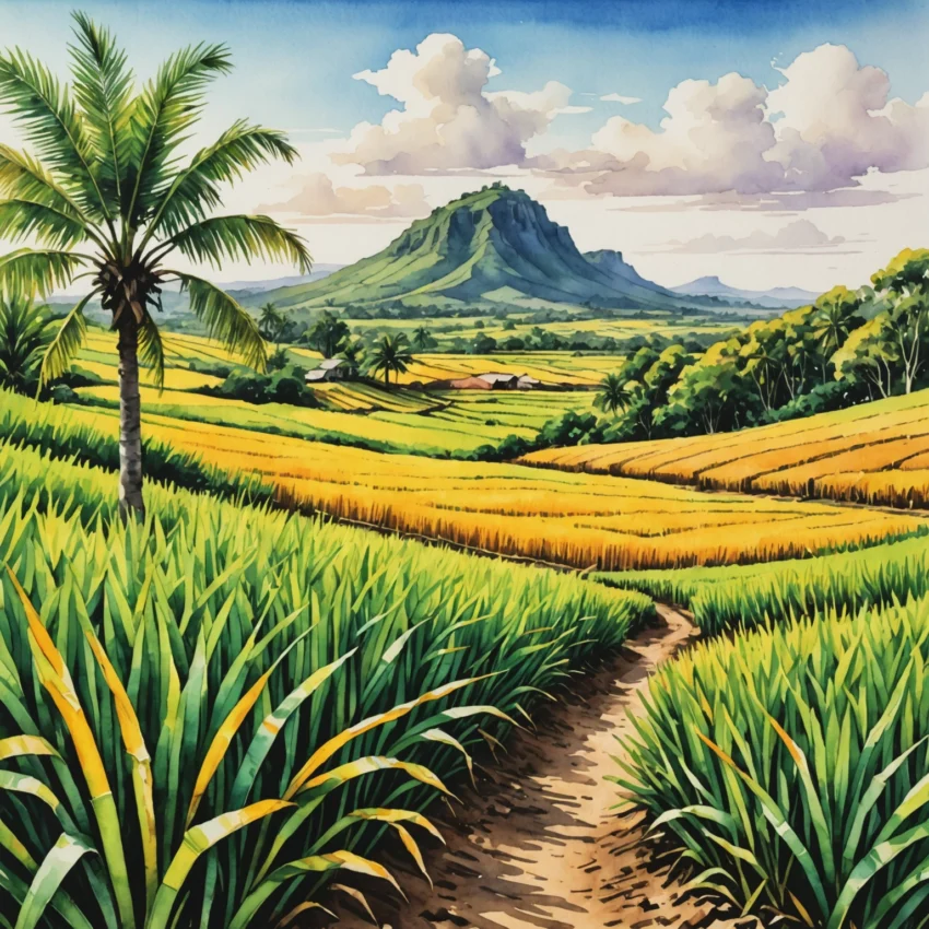 Paysage mauricien avec champs de canne à sucre dorée au premier plan et collines de thé vert en arrière-plan, sous un ciel bleu intense.