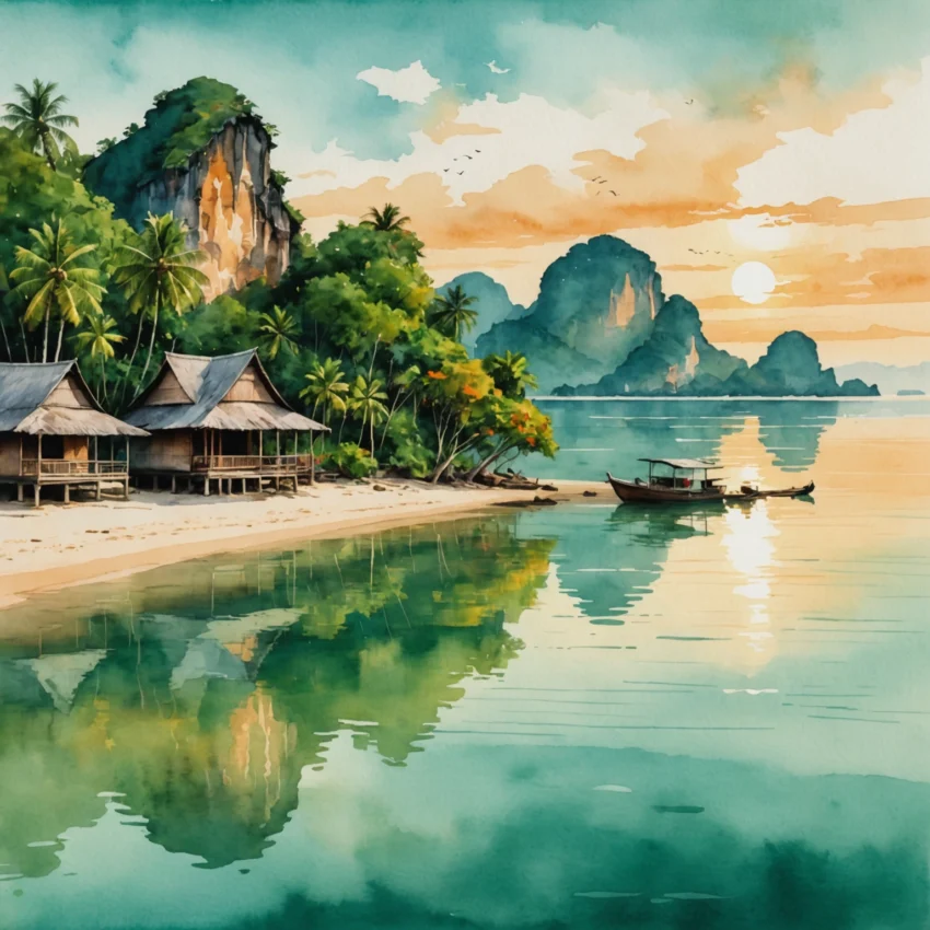 Rizières en terrasses de Koh Yao Noi avec un longtail boat amarré au premier plan, montagnes calcaires en arrière-plan sous un ciel doré.