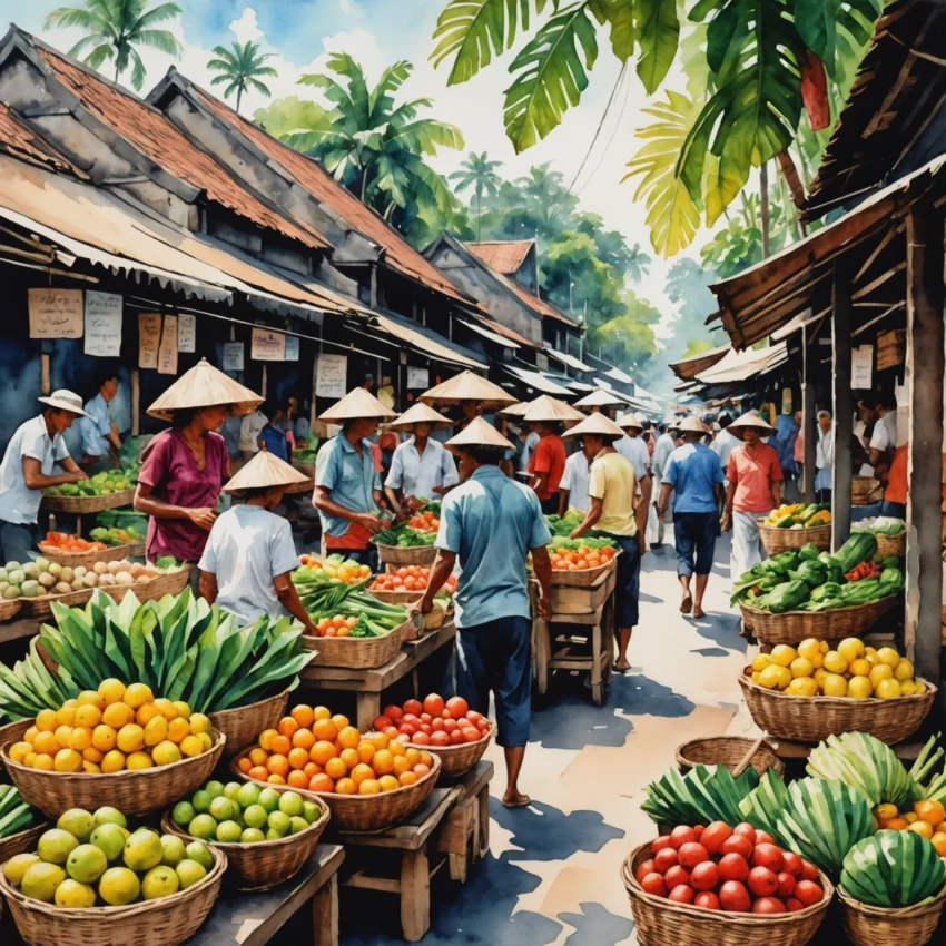 Étals colorés du marché d'Ubud à Bali, avec épices fraîches, légumes tropicaux et offrandes traditionnelles (*canang sari*), baigné d'une lumière dorée du matin.