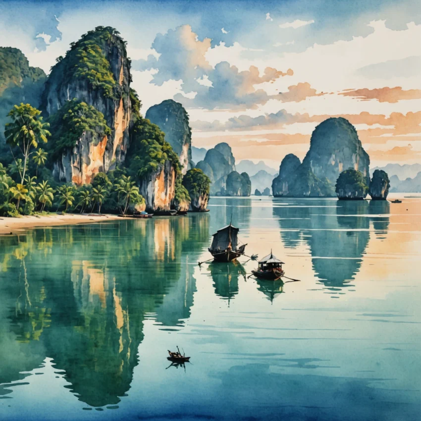 Bateau traditionnel thaï naviguant entre les karsts de Phang Nga Bay à l'aube, eaux turquoise et falaises calcaires