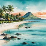 Plage de sable blanc à Maurice avec le Morne Brabant en arrière-plan, eaux turquoise et filao penchés