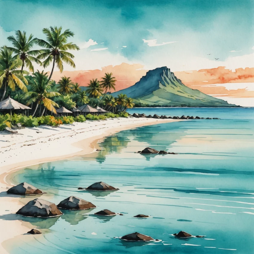 Plage de sable blanc à Maurice avec le Morne Brabant en arrière-plan, eaux turquoise et filao penchés