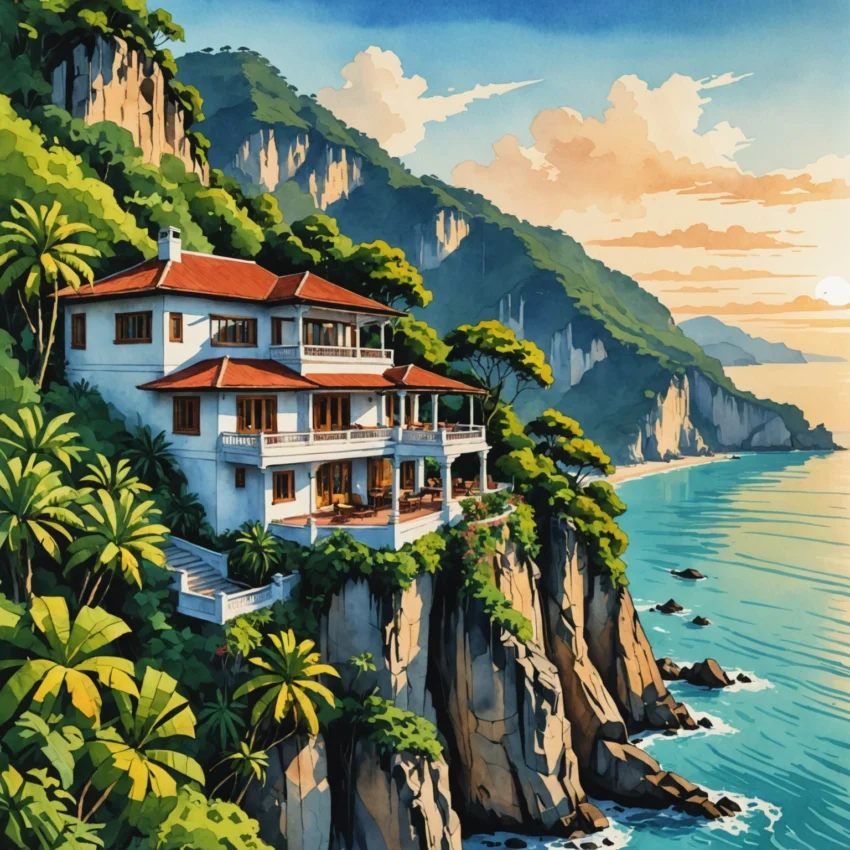 Villa troglodyte creusée dans la falaise de Promthep Cape à Phuket, baignée par les lueurs dorées du coucher de soleil sur la mer d'Andaman.