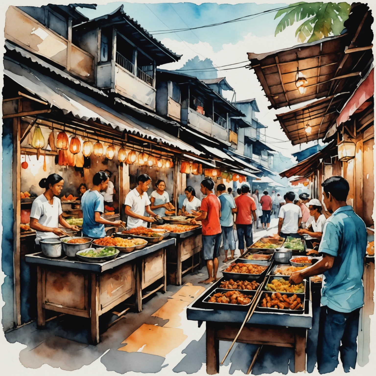 Étal éclairé d'un marché de nuit à Denpasar avec des brochettes de poisson grillé et des clients attablés