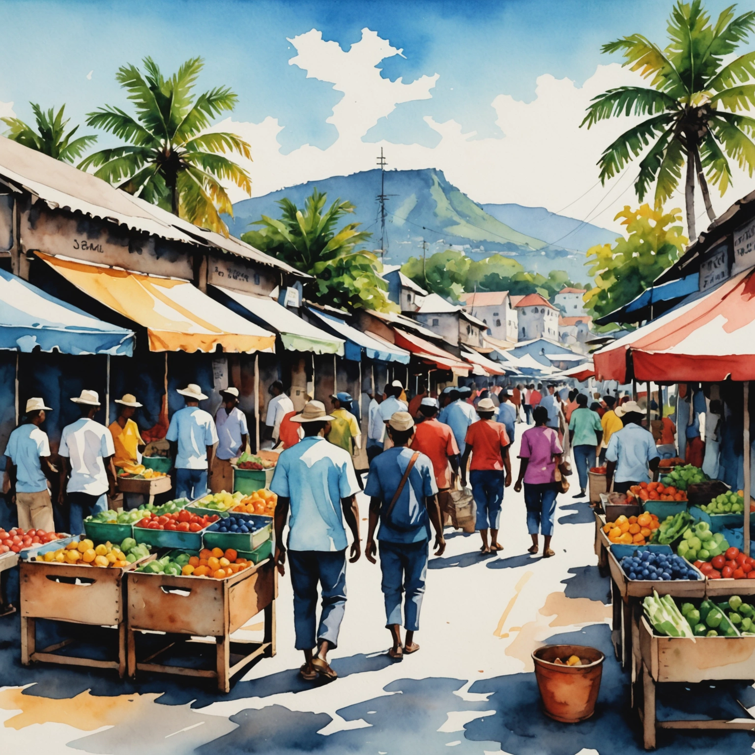 Étals colorés du marché central de Port-Louis avec épices, tissus et fruits exotiques sous une lumière tropicale