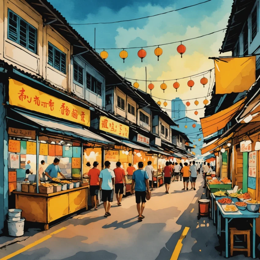 Étal coloré du Weekend Market de Phuket Town au crépuscule, avec des plats de street food fumants et des lanternes rouges