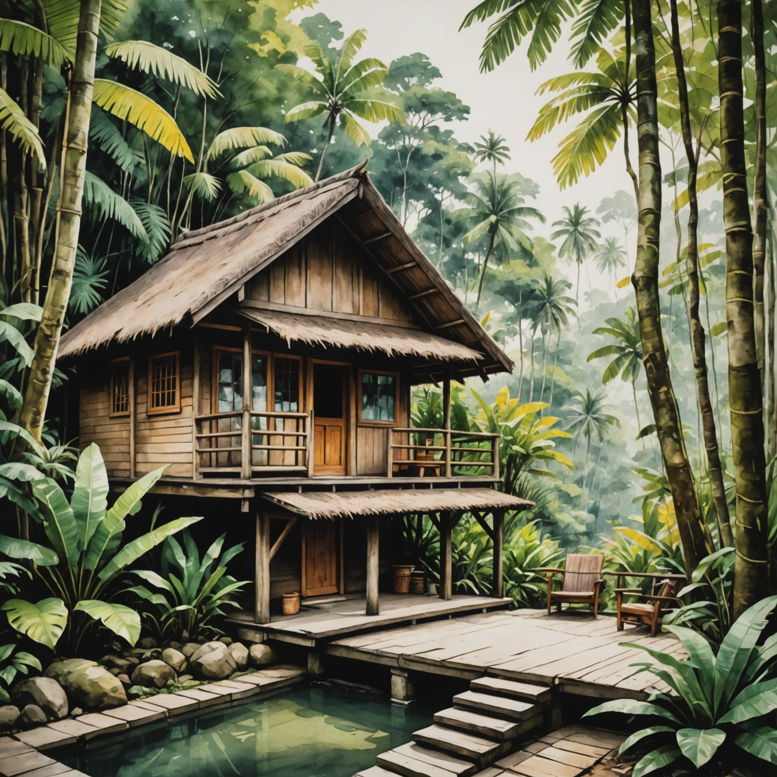 Cabine de massage en bois ouverte sur une forêt tropicale luxuriante, avec deux lits parallèles et des serviettes enroulées, baignée de lumière dorée du coucher de soleil.