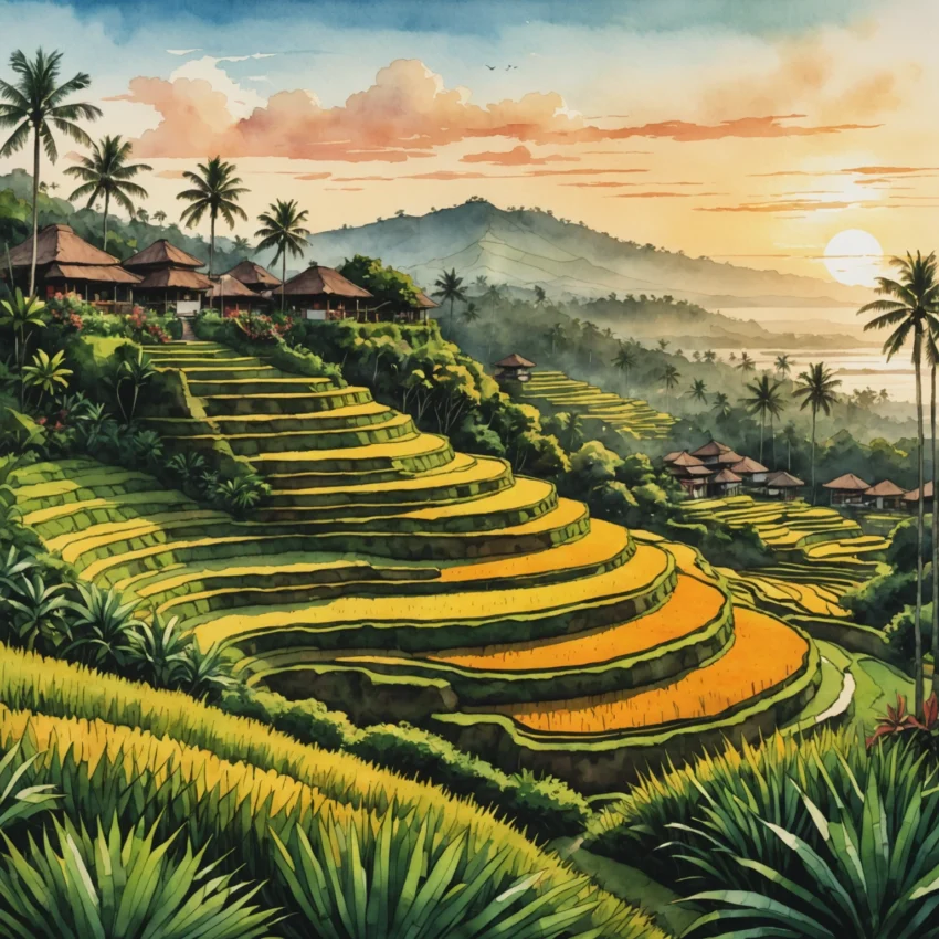 Coucher de soleil sur les rizières de Seminyak avec un temple balinais en arrière-plan, palmiers et lumière dorée