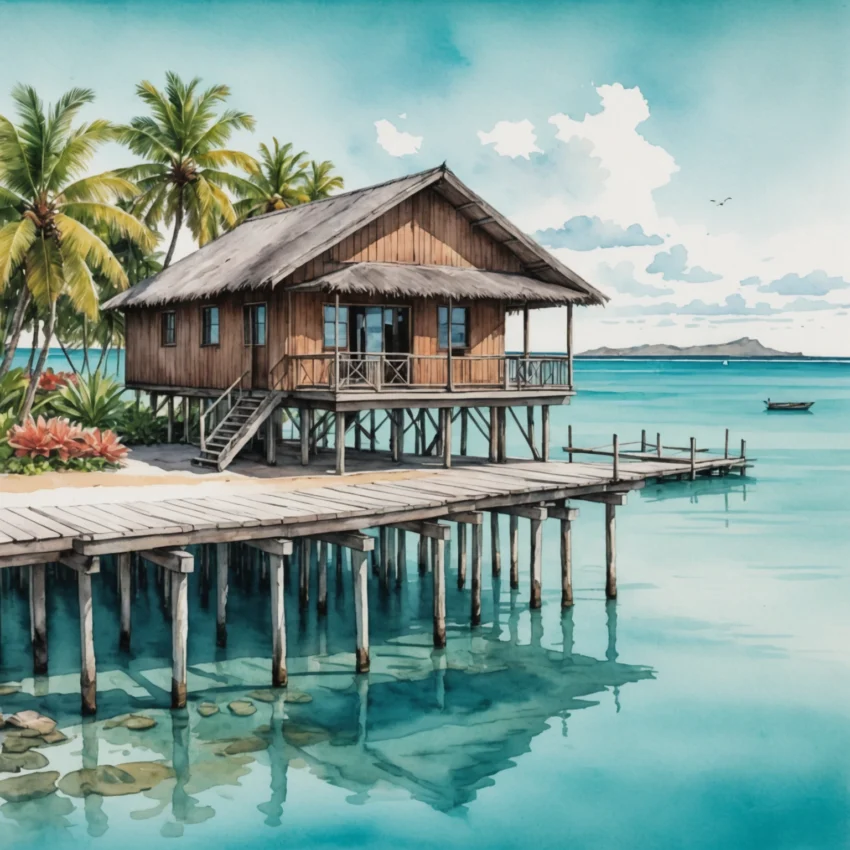 Bungalow en bois sur pilotis au-dessus d'un lagon turquoise à Maurice, entouré de palmiers et montagnes en arrière-plan