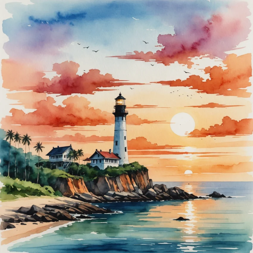 Coucher de soleil doré sur Phromthep Cape avec le phare blanc et les spirit houses roses, vue depuis les falaises de Khao Rang à Phuket.