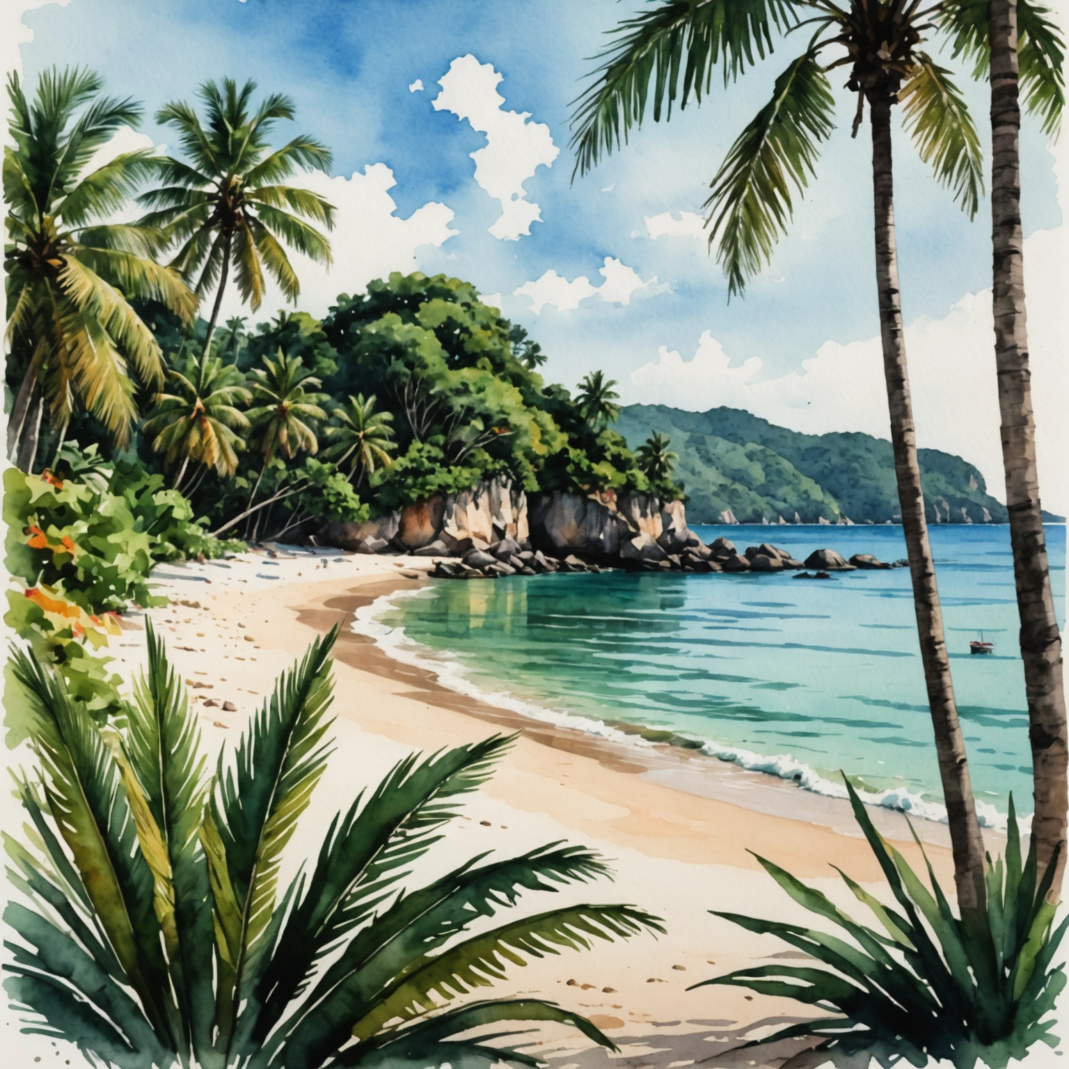 Famille pique-niquant sous des cocotiers à Nai Harn Beach, avec vue sur la baie calme et des jouets de plage colorés