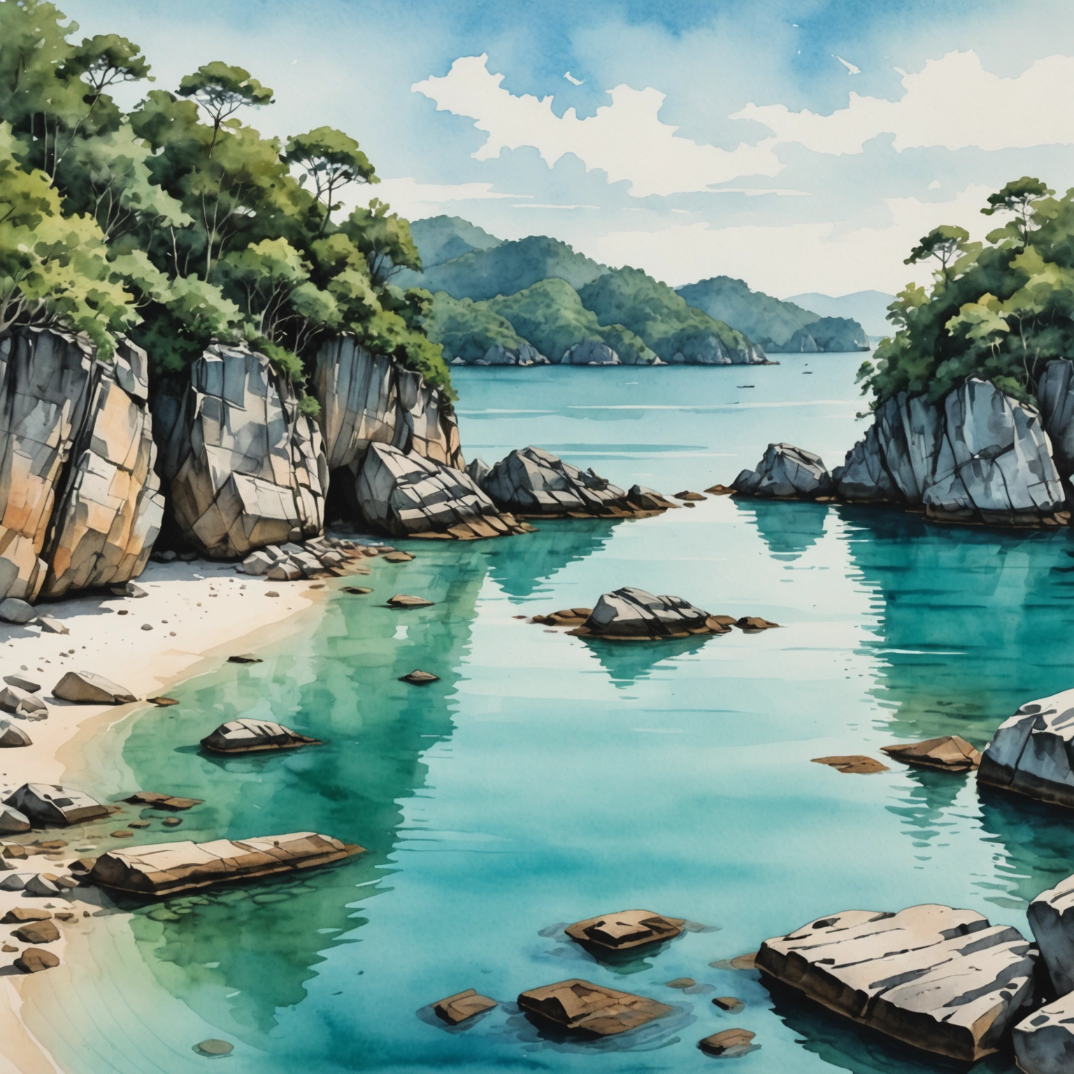 Crique isolée d'Ao Sane à Phuket avec rochers de granit et eau cristalline sous un ciel dégagé