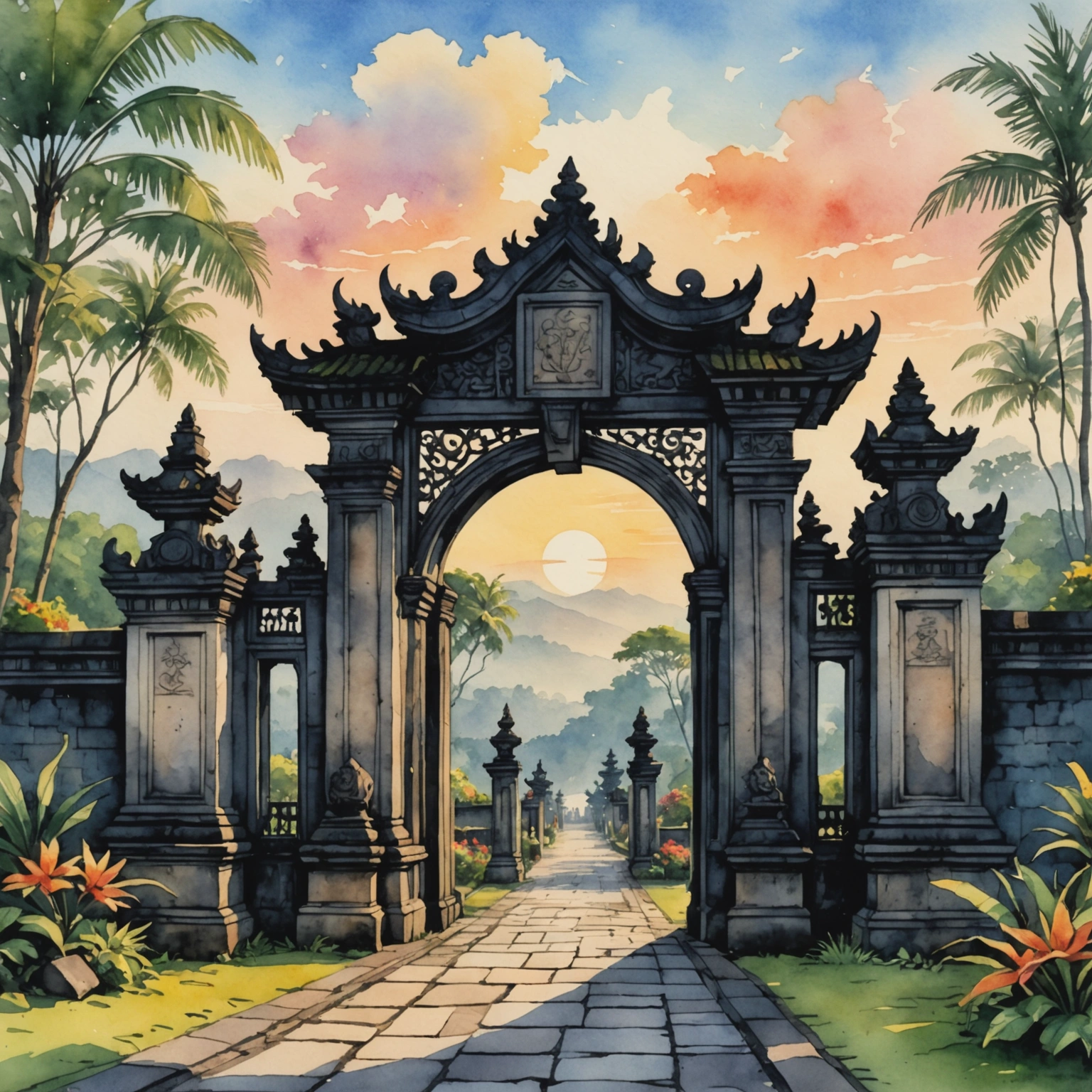 Lever de soleil sur les Portes du Ciel à Bali, avec le mont Agung en arrière-plan et des escaliers en pierre menant au temple.