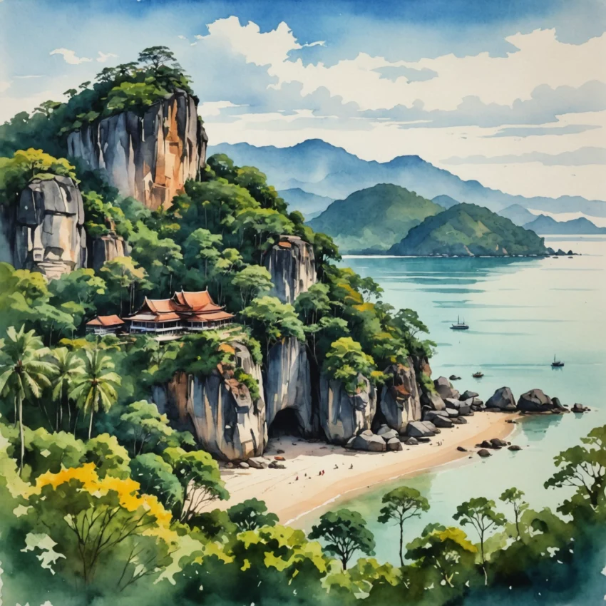 Vue aérienne des falaises calcaires et mangroves du parc Khao Phra Thaeo à Phuket, avec un kayak rouge isolé dans des eaux turquoise