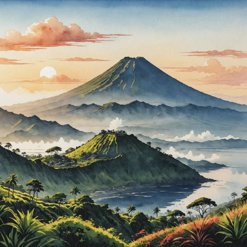 Randonneurs au sommet du Mont Batur à Bali, avec vue sur le lever de soleil rose et le lac de cratère turquoise, entourés de paysages lunaires de cendres noires.
