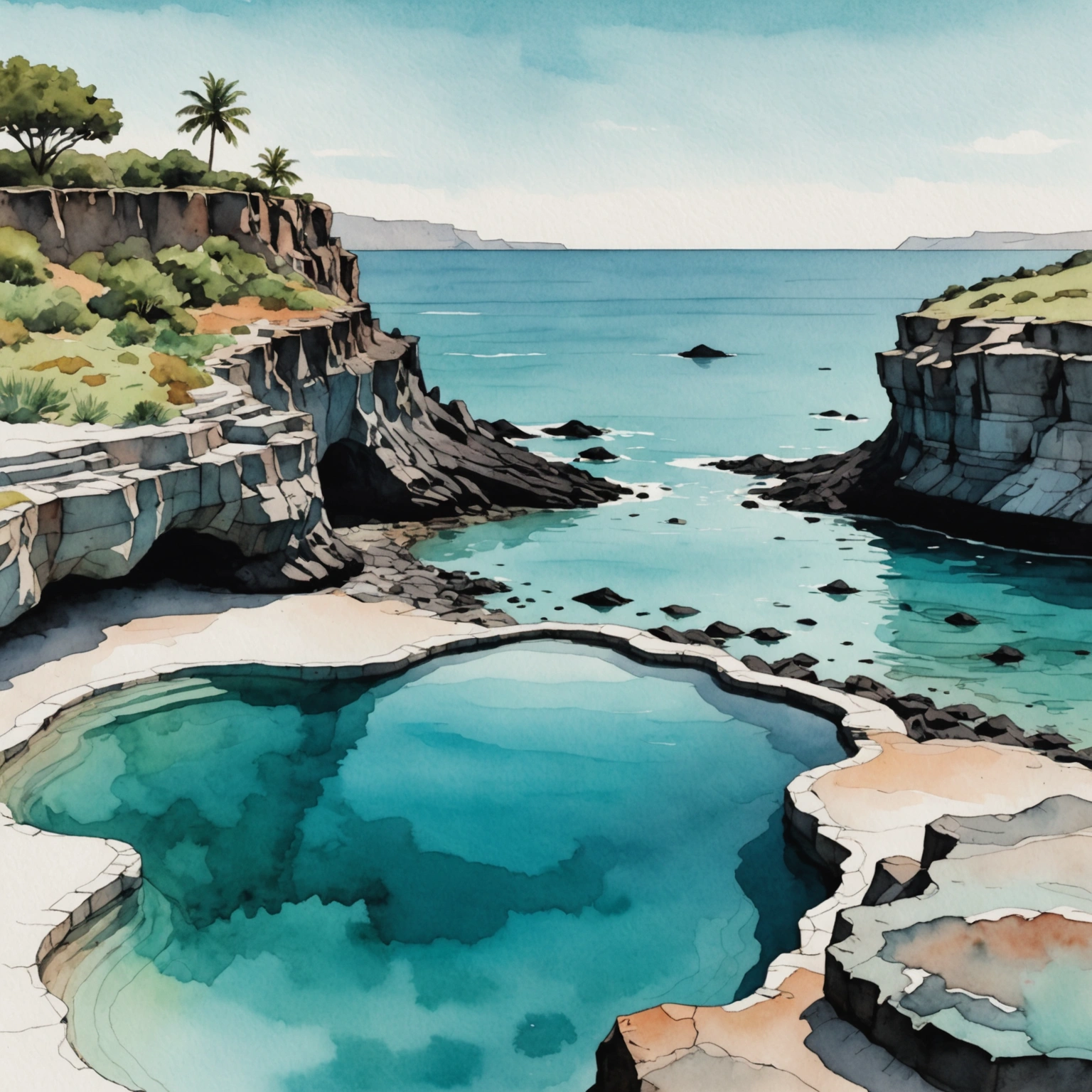 Piscine naturelle creusée dans la roche volcanique avec vue sur l'océan Indien et végétation luxuriante