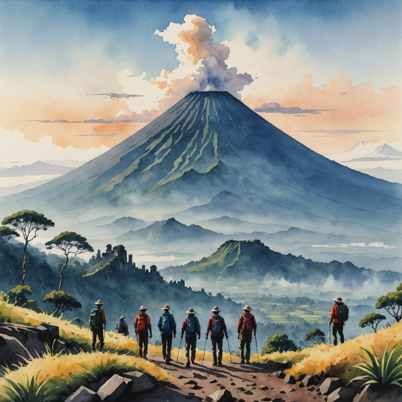 Randonneurs au sommet du Mont Agung à l'aube, avec vue sur la caldeira et les nuages en contrebas