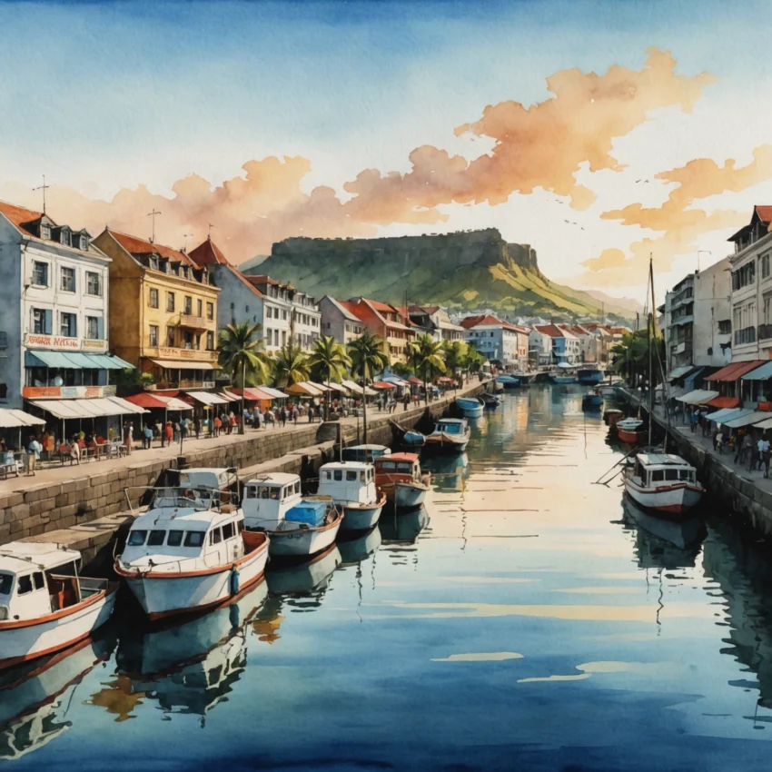 Vue aérienne du Marché Central de Port-Louis et du Caudan Waterfront au coucher de soleil, entrepôts coloniaux et étals colorés
