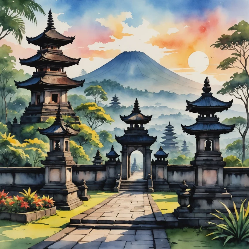 Vue panoramique du temple de Lempuyang au lever du soleil, avec les portes célestes encadrant le volcan Agung et des nuages bas