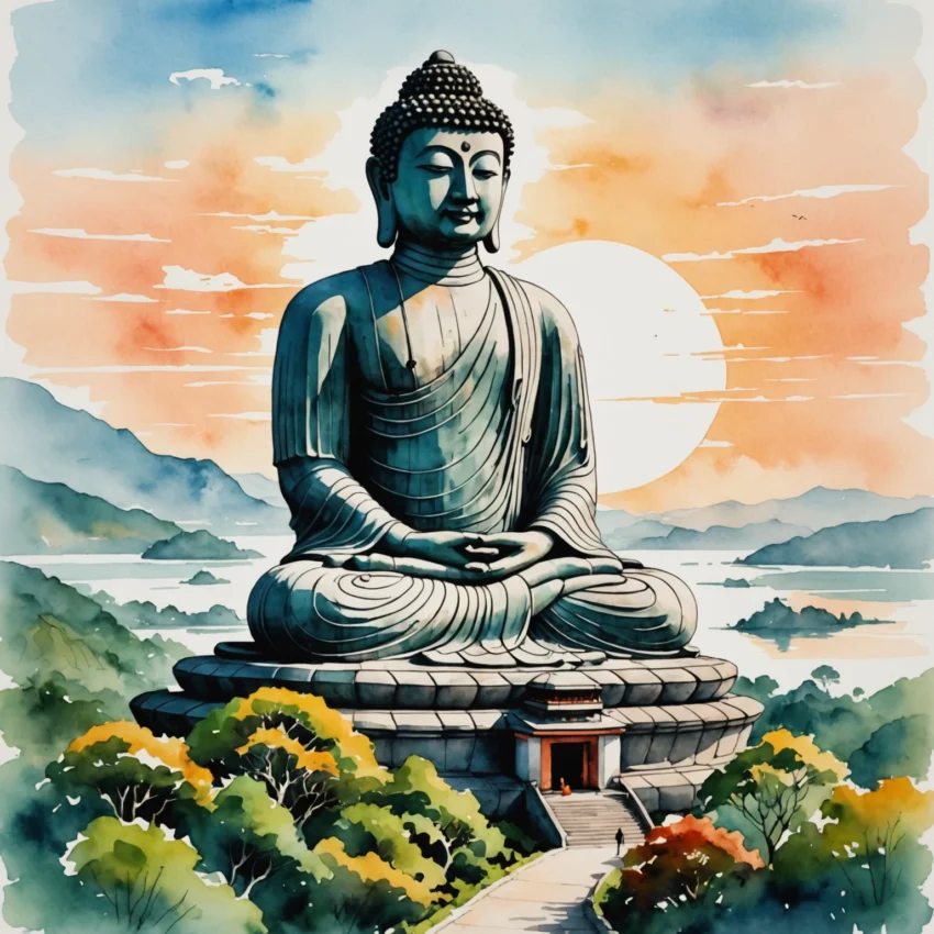 Vue panoramique du Big Buddha de Phuket au lever du soleil, avec les toits dorés de Wat Chalong en contrebas et la jungle luxuriante en arrière-plan.