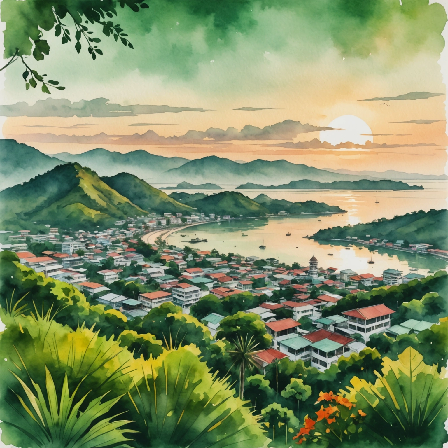 Vue panoramique depuis Khao Rang sur Phuket Town au coucher du soleil, avec des toits colorés et la mer en arrière-plan