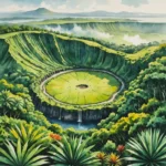 Vue aérienne du Trou aux Cerfs à l'aube avec brume, entouré de verdure, et marché coloré de Curepipe en contrebas