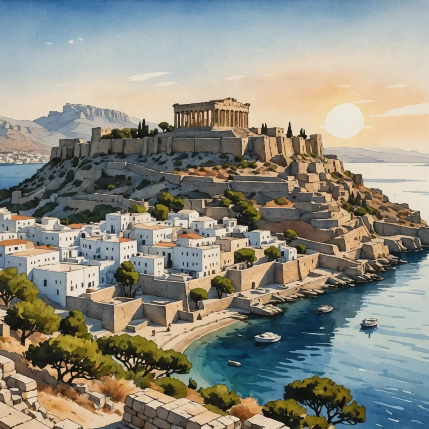 Vue panoramique de l'Acropole de Lindos à l'aube, colonnes dorées par le soleil levant, mer Égée en arrière-plan