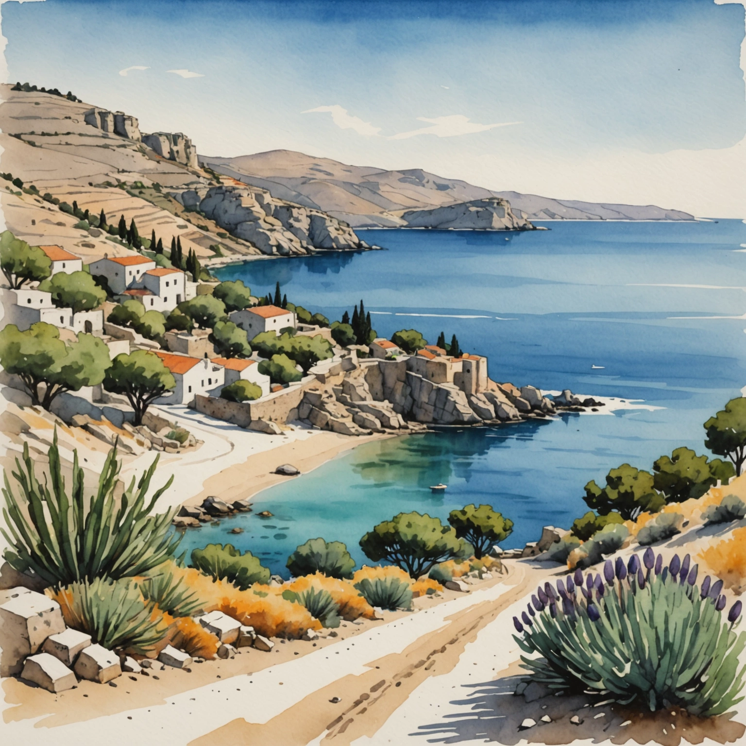 Baie isolée de Trachias à Rhodes avec voiture garée près des galets dorés et mer turquoise