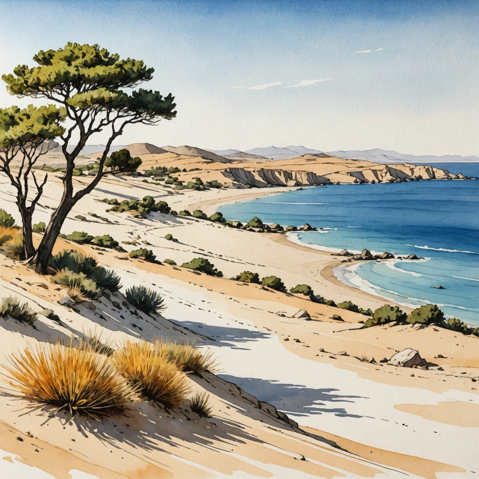 Plage isolée de Rhodes avec kitesurfeur sous un ciel bleu intense, entourée de dunes et de tamaris