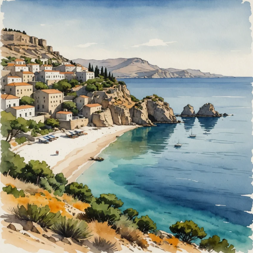 Crique isolée de Rhodes avec eaux turquoise, rochers calcaires et tamaris ombrageant un sable doré, sans trace de tourisme de masse.