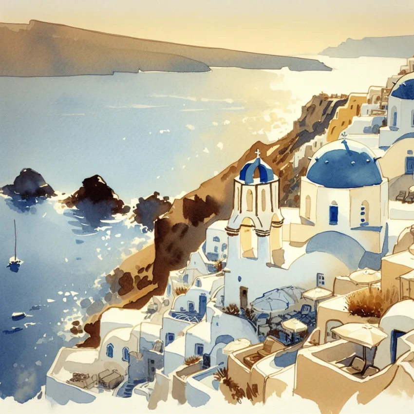 Vue panoramique de Santorin avec ses maisons blanches et ses dômes bleus