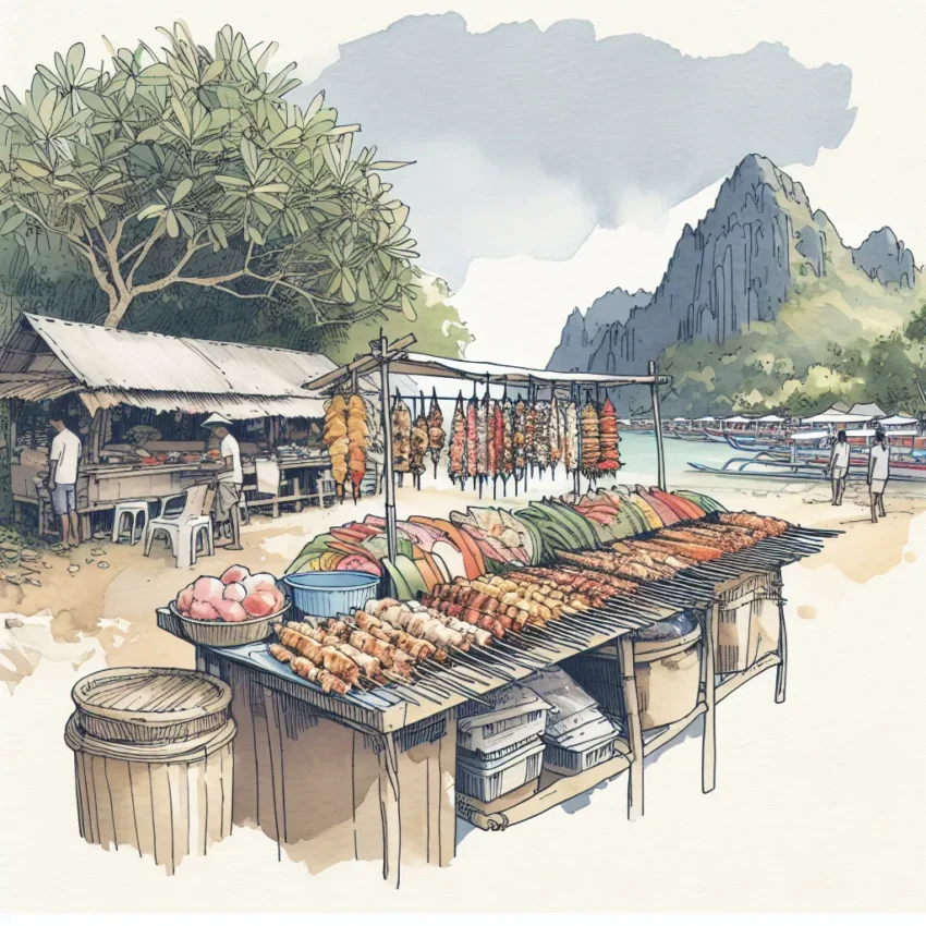 Un étal de street food à El Nido avec des plats traditionnels et colorés