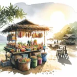 Un étal de street food à Palawan avec des plats traditionnels colorés