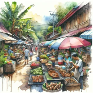 Un étalage coloré de street food à Puerto Princesa avec des plats traditionnels philippins.